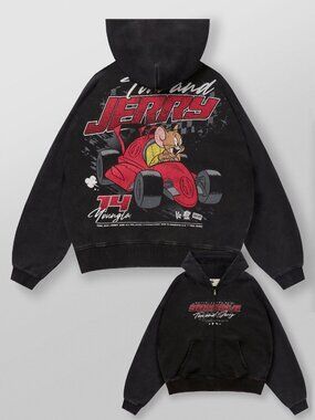 YoungLA 5179 Tom & Jerry Zip-Up Hoodie Jerry Kart Black Wash XXL NWT